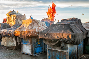 Morocco cargo at the harbor ready for loading onto ships. Early morning light.