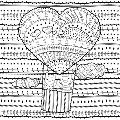 Adult coloring page Heart-shaped hot air balloon, two friends in the sky with clouds vector illustration for colouring book. Whimsical line art soft intricate pattern, black outline, white background