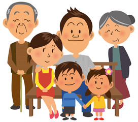 ベンチに座っている三世代ファミリーと犬