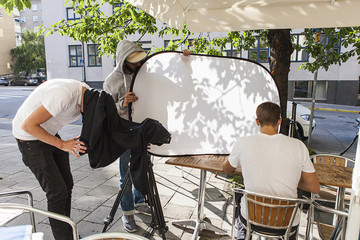 Sweden, Stockholm, Film production set on street