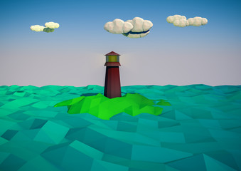 Lighthouse on the island in the sea in low-polygonal style.3D rendering