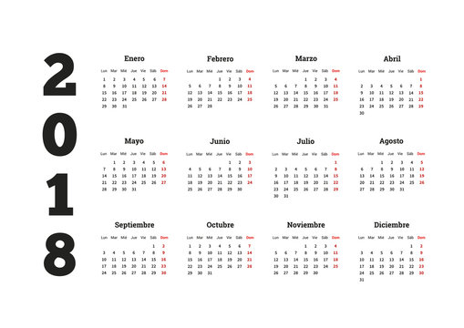 Simple calendar on 2018 year in spanish language