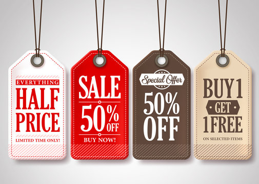 Vector Sale Tags Design Collection Hanging with Different Colors for Store Promotions in White Background. Vector Illustration.

