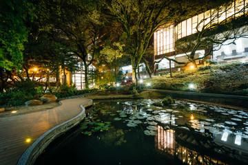 Fototapeta na wymiar Small pond and modern buildings at night, from Hong Kong Univers