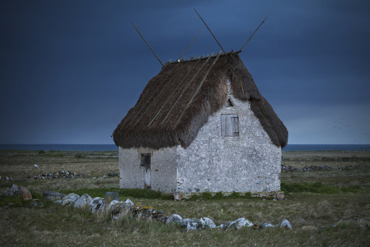 House with thatched roof in field at dusk