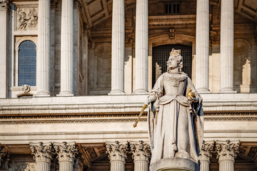 The statue of Queen Anne outside St Paul Cathedral in London, England, UK