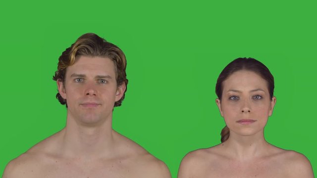 Nude couple stands facing camera (Green Key)
