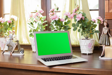 Laptop with blank screen on table.