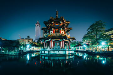 Traditional Chinese building and pond at night, at 2/28 Peace Pa