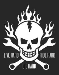 Vector illustration of skull with crossed wrenches and flames.