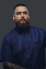 Portrait of bearded male in blue shirt and bow tie.