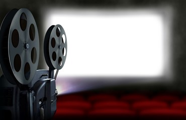 Cinema projector with empty seats - obrazy, fototapety, plakaty