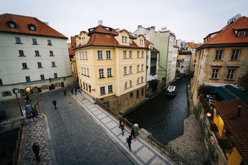 View of buildings along Certovka, in Prague, Czech Republic.