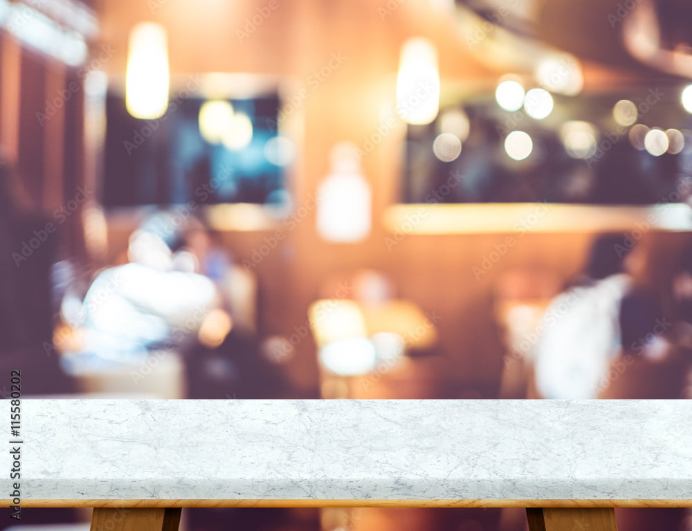 Poster empty white marble table top with blur coffee shop bokeh light a