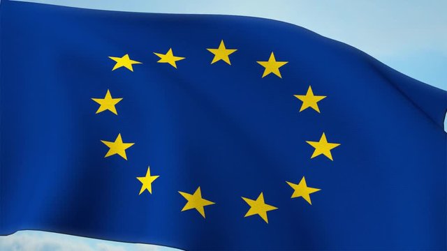 Euro Europe Flag Closeup Waving Against Blue Sky Eurozone EU European Union 4k
