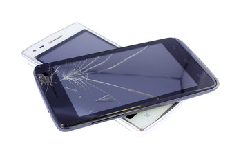 black & white smartphone with a broken screen on white backgroun