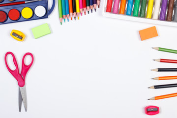Fototapeta premium School accessories on white background, back to school concept, copy space for text
