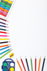 Fototapeta premium School accessories on white background, back to school concept, copy space for text