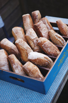 Homemade bread in wooden container