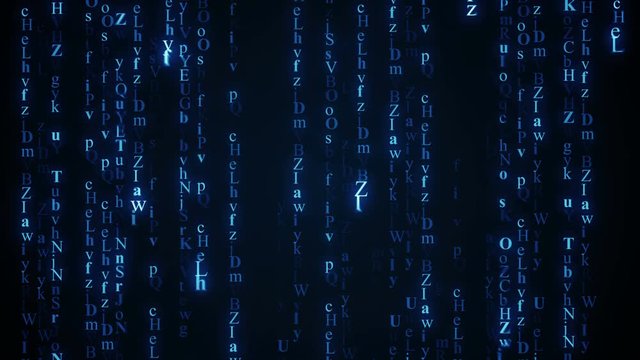 Blue alphabet matrix rain. Seamless loop animation. 4k UHD (3840x2160)
