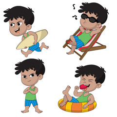 Summer vacation.Naughty boy chilling on the beach.