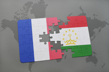 puzzle with the national flag of france and tajikistan on a world map background.