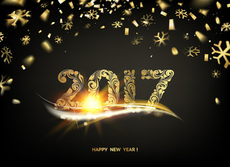 Happy new year card. Gold template over black background with golden sparks. Happy new year 2017. Black space abstraction. Fallen snow and sun rays in the dark area. Vector illustration.