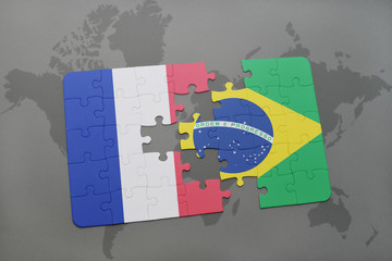 puzzle with the national flag of france and brazil on a world map background.