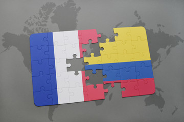 puzzle with the national flag of france and colombia on a world map background.