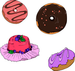 Set of donuts and cake or jelly with fresh berries isolated on white background. Cartoon sketch drawn by ink. Hand drawn vector illustration.