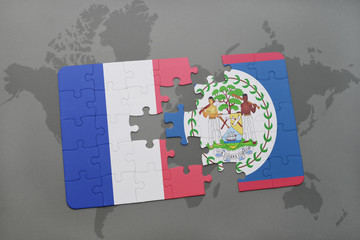 puzzle with the national flag of france and belize on a world map background.