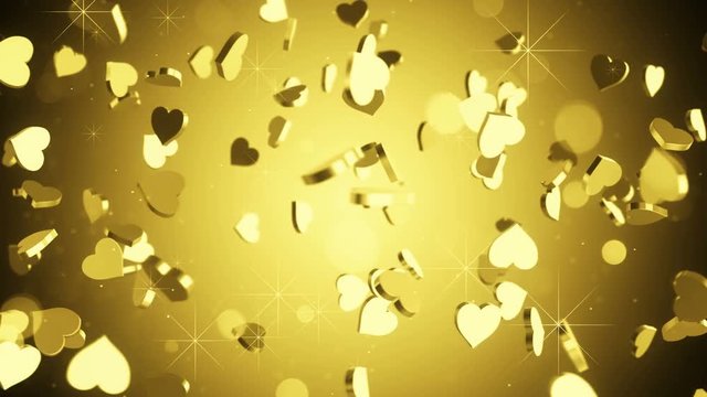 camera flying around gold heart shapes. seamless loop 3D animation. 4k (4096x2304)
