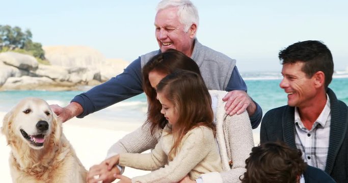 Three smiling generation family with dog on the beach