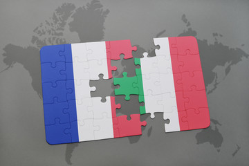 puzzle with the national flag of france and italy on a world map background.