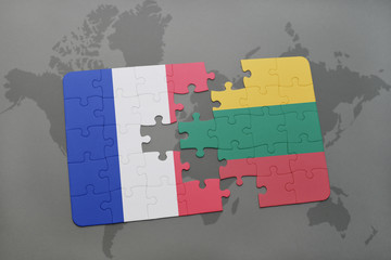 puzzle with the national flag of france and lithuania on a world map background.