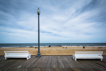 Benches on the boardwalk in Rehoboth Beach, Delaware.