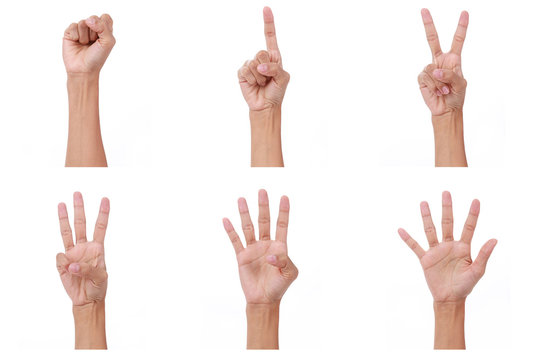 Hand count.woman hands show the number zero,one, two, three, four,five on white background