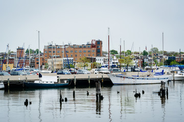 Fototapeta premium Boats and buildings on the waterfront in Fells Point, Baltimore,