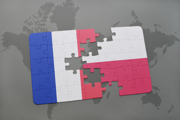 puzzle with the national flag of france and poland on a world map background.