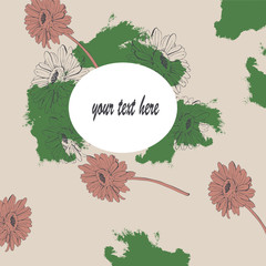Gerbera or chamomile flowers with abstract backdrops on pastel color background. Flower sketch card with window for text. Hand drawn vector illustration.