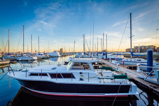 Boats docked in a marina in Canton, Baltimore, Maryland.