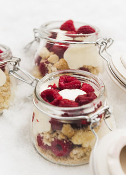 Sweden, Stockholm, Biscuits with vanilla cream and raspberries