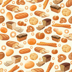 Vector bakery seamless pattern with cartoon bread. Bakery food illustration and tasty fresh bakery for breakfast