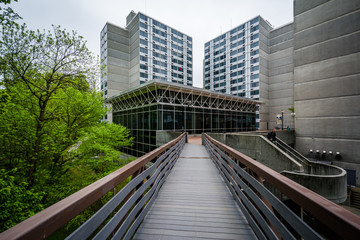 Bridge and modern buildings at Towson University, in Towson, Mar