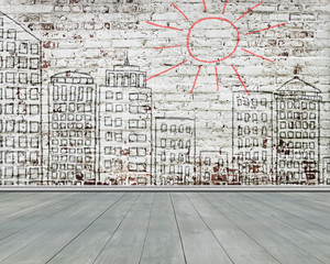 city doodles on old bricks wall with wooden floor, illustration