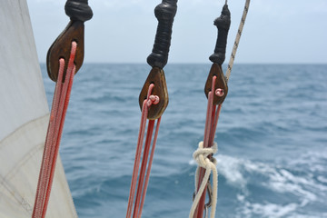 Close view of some rigging on a sailing boat