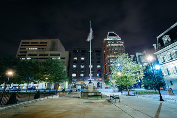 Buildings in downtown at night, in  Baltimore, Maryland.