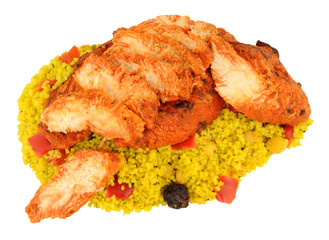 Tandoori chicken pieces with couscous isolated on a white background
