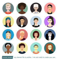 People avatars collection. Girls, womans in different social roles. Every face element, accessory or clothes can be placed on another to create own avatar. Doctor, school, dark-skinned, subculture.