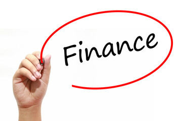 Man Hand writing Finance with marker on transparent wipe board. Business, internet, technology concept.